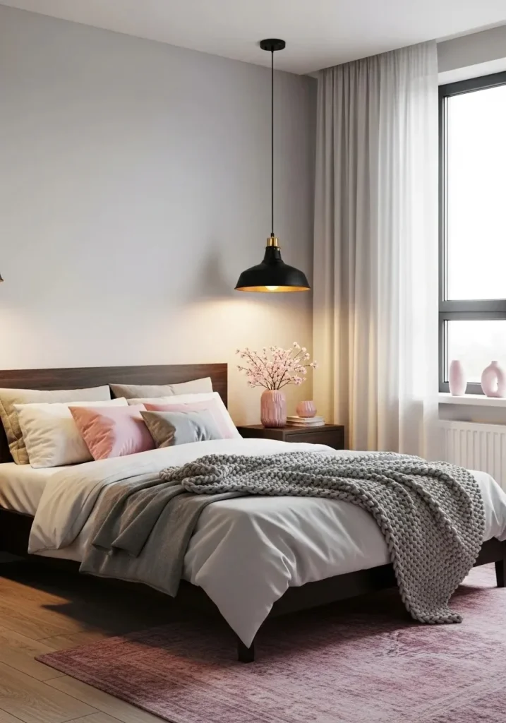 Black lighting fixtures paired with pink accents for a warm bedroom vibe
