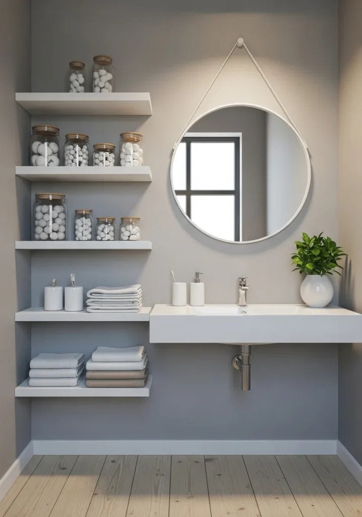 Floating wall shelves displaying towels and decor in a small modern bathroom.