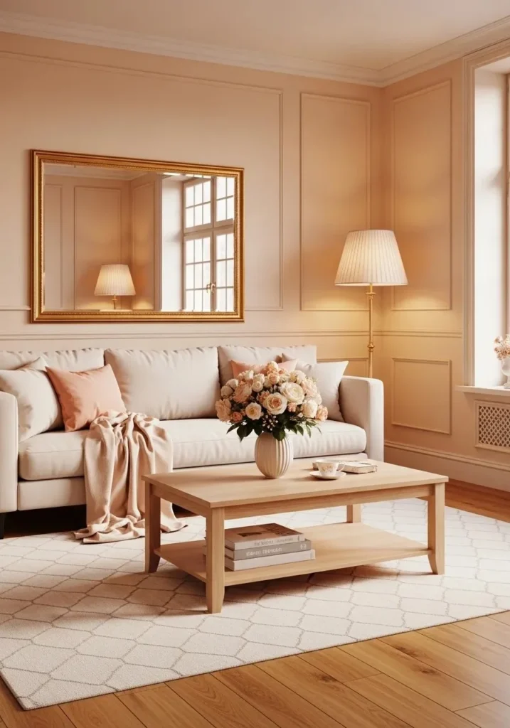 Peach and cream living room color combination for soft warm glow