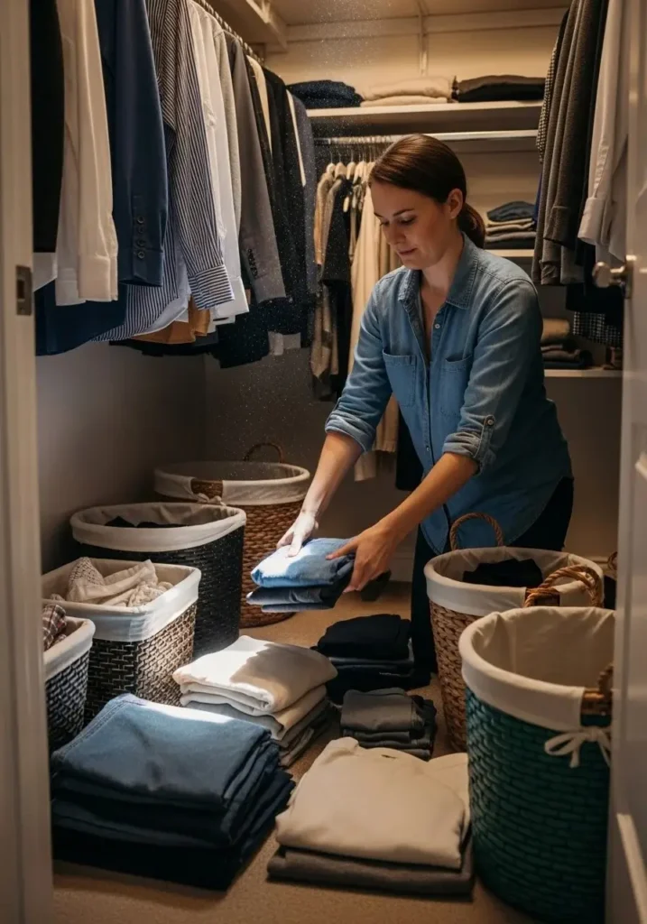 Decluttering clothes in small walk in closet before organizing