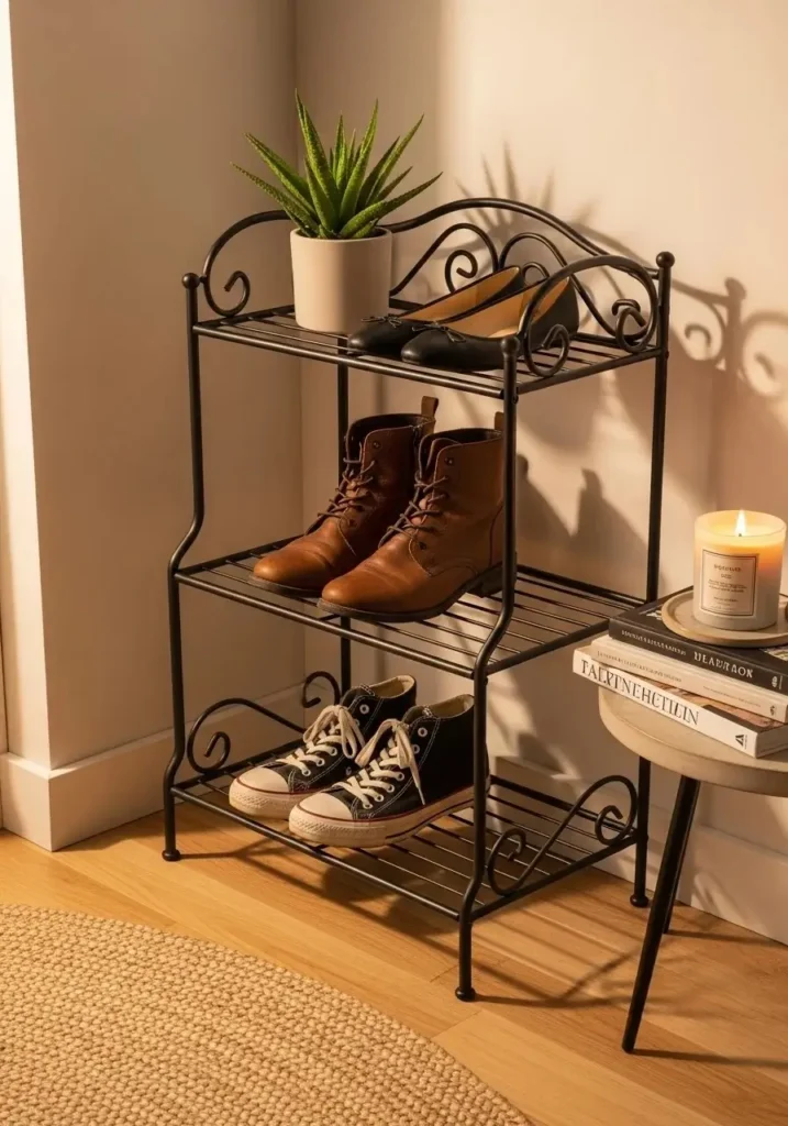 Tiered plant stand used as shoe rack in small space corner