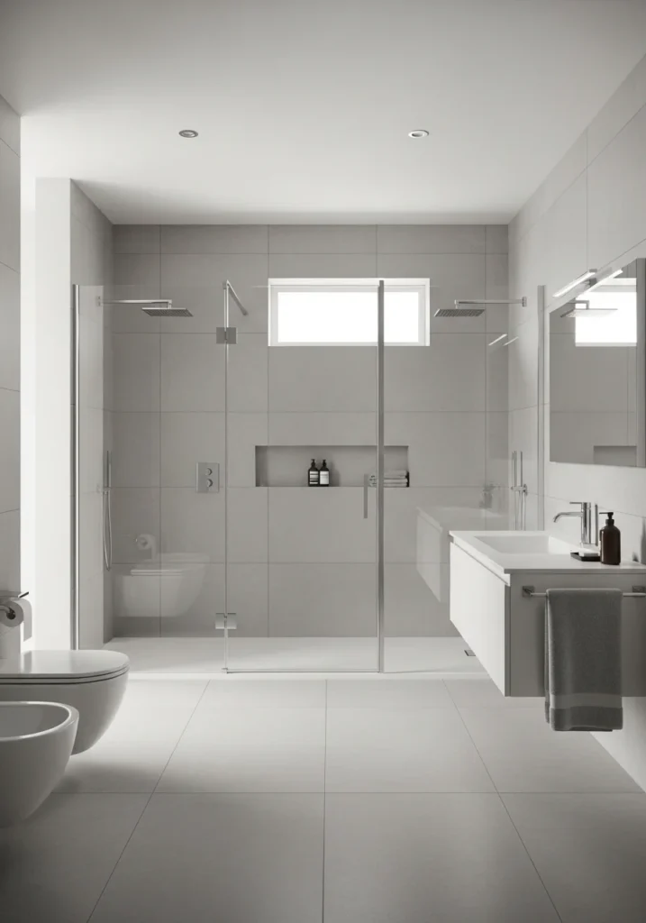 Walk-in shower with clear glass panels creating an open modern bathroom look