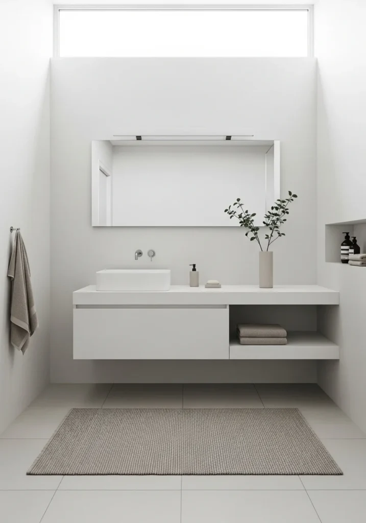 Minimalist bathroom rug with clean lines and neutral tones