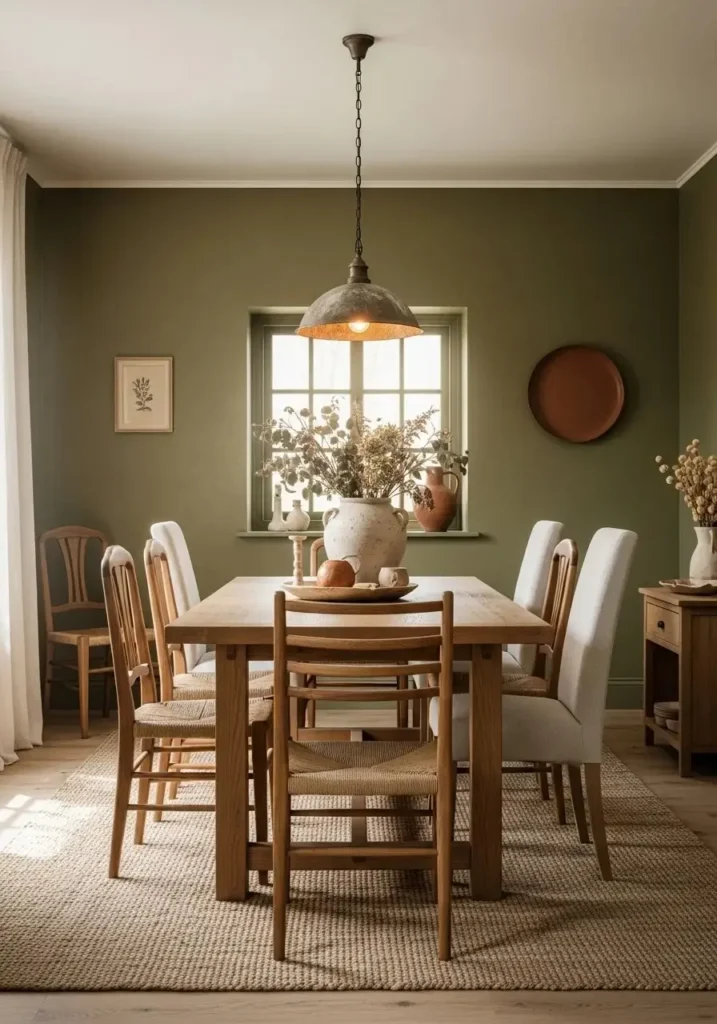 Dining room combining green walls and wooden furniture for warm and natural design