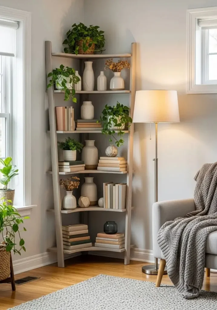 Corner ladder shelves making corner space functional and stylish in living room