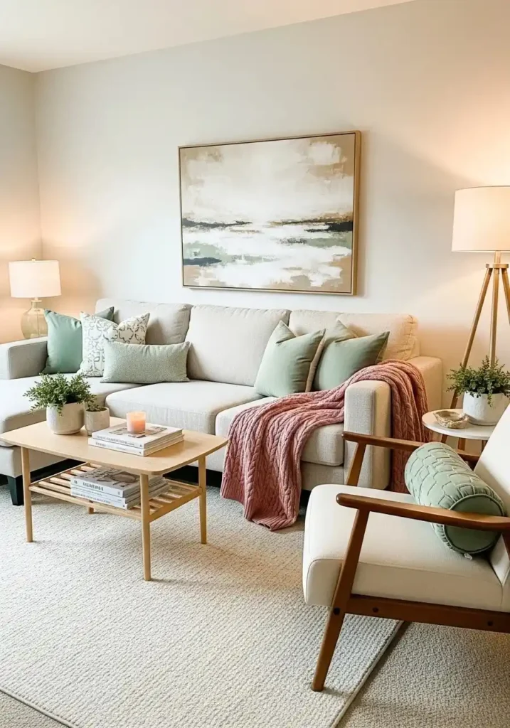 Soft accent colors in apartment living room adding personality and warmth