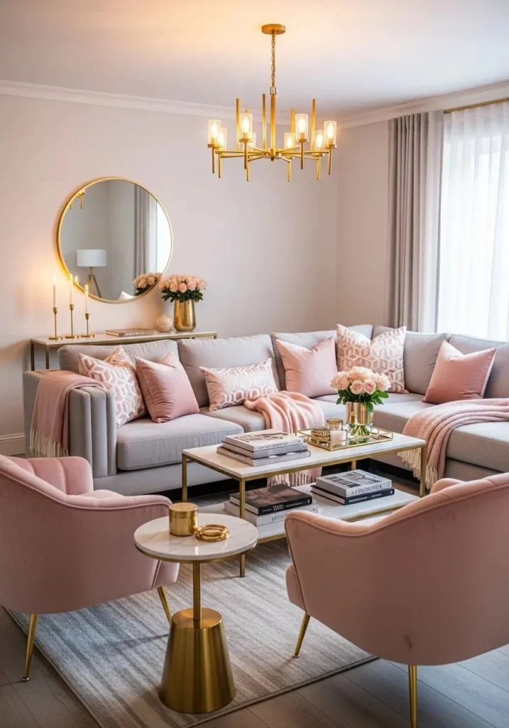 Blush pink and gold living room color combination for elegant aesthetic