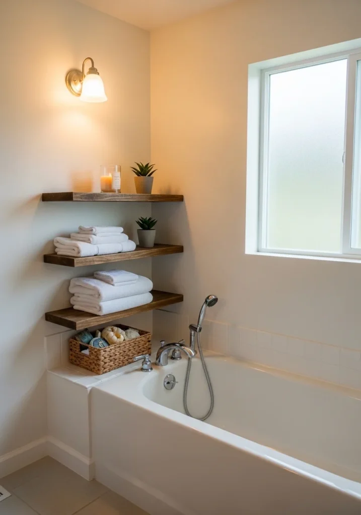 Corner shelving maximizing storage space in small bathroom with tub