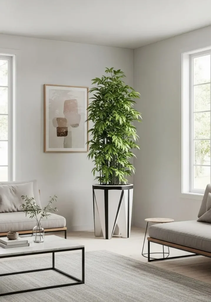 Large statement plant pot with a tall plant in a modern living room