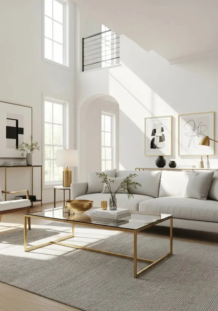 Glass and metal coffee table in luxury living room creating light and elegant design.