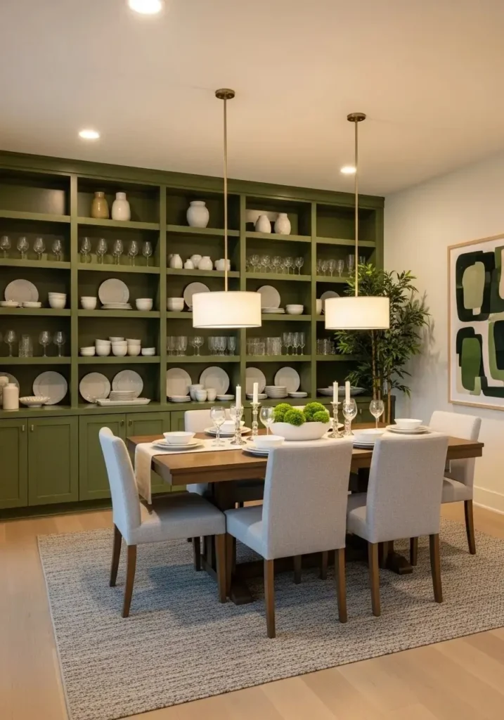 Green built-in shelving combining storage and stylish dining room decor