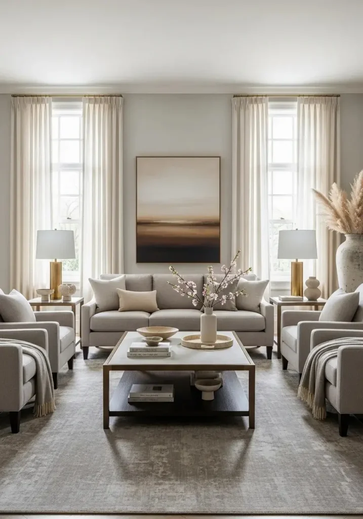 Large area rug anchoring luxury living room furniture in elegant neutral tones.
