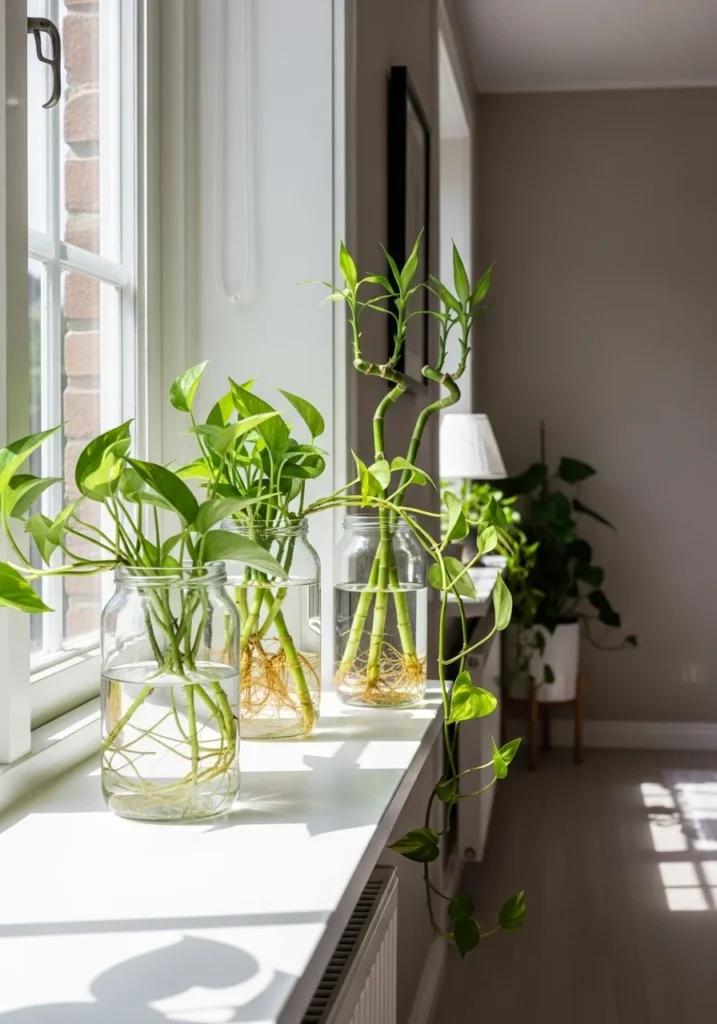 Glass jar indoor water plants with visible roots in a minimalist modern setting