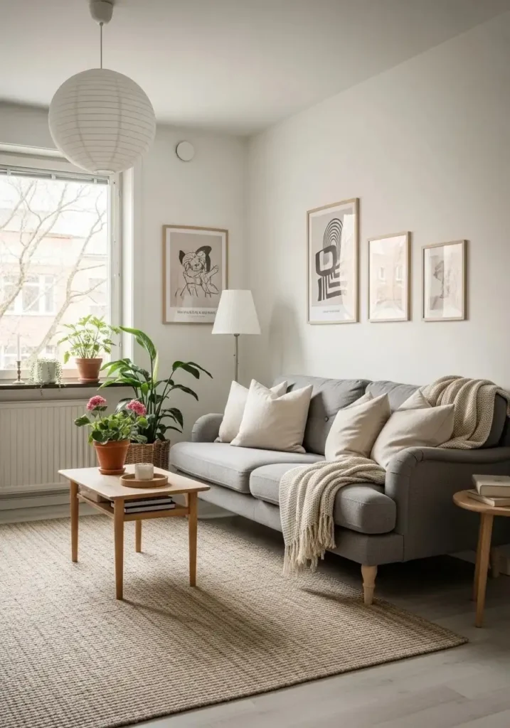 Grey couch styled with soft neutral tones for a calm and airy living room