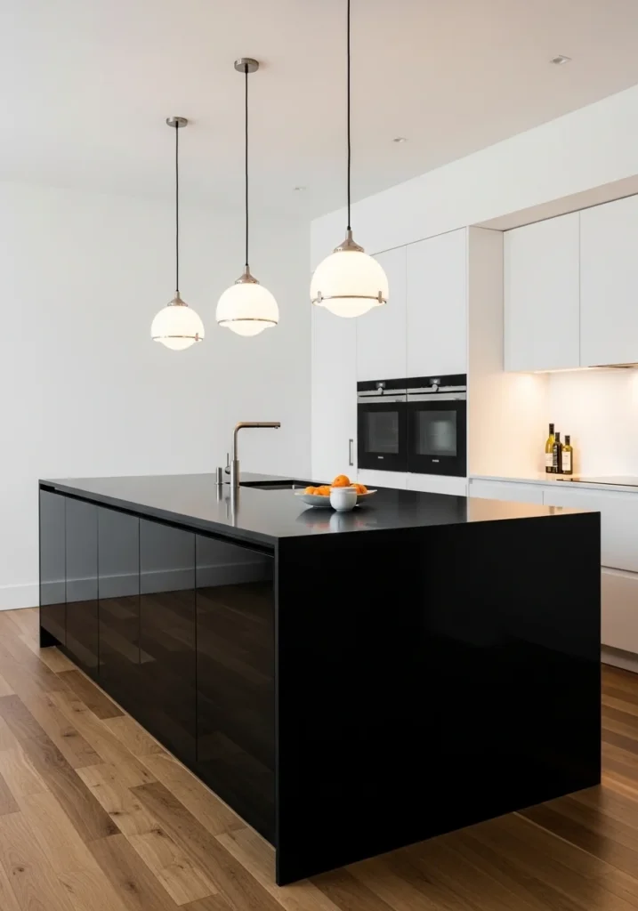 Bold black waterfall island creating contrast in a modern kitchen