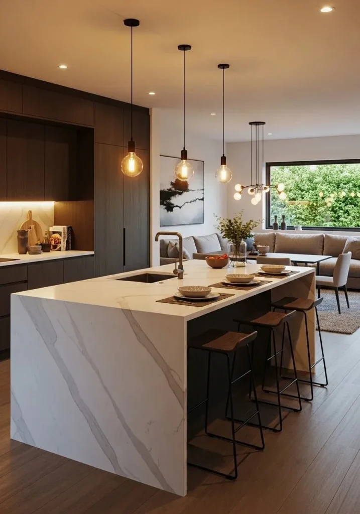 Waterfall island with seating extension for dining and social space