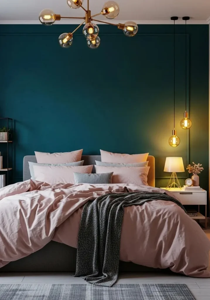 Teal accent wall bedroom with blush pink bedding and cozy warm lighting