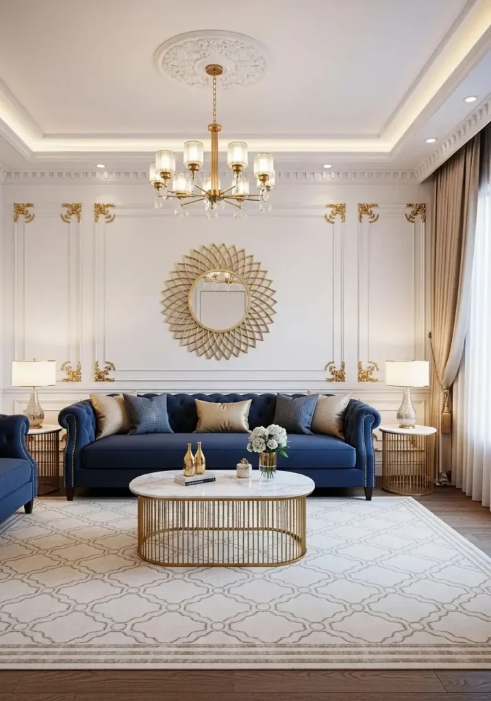 Navy blue and white living room color combination for elegant look