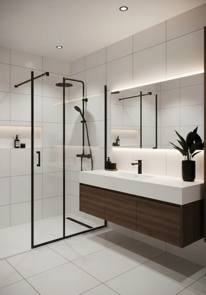 Modern bathroom with black accents and white contrast styling