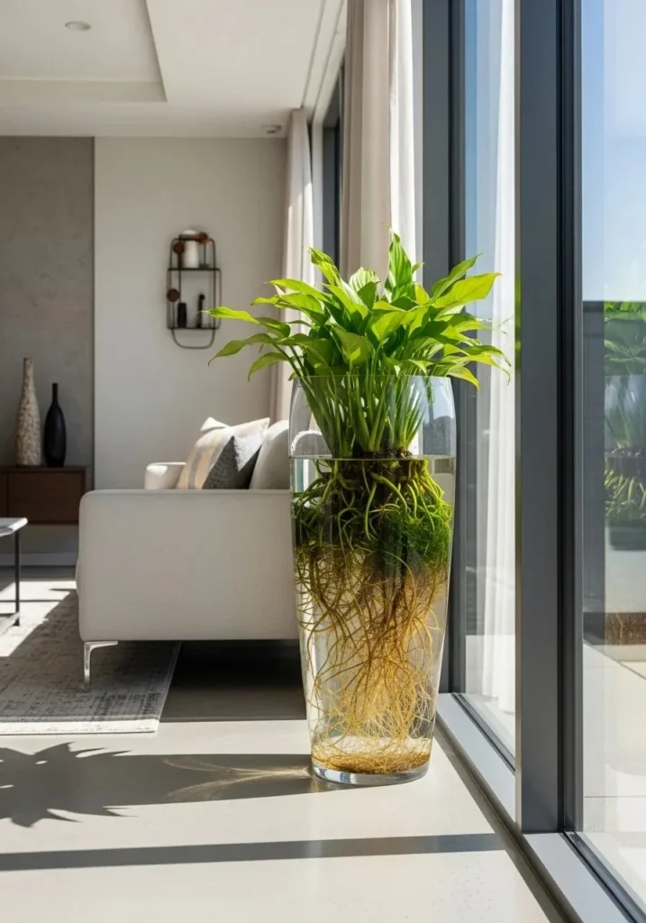 Large statement vase with water plants in modern living room