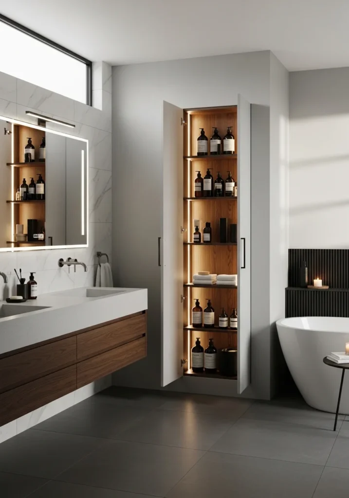 LED-lit bathroom cabinet with organized storage inside small bathroom.