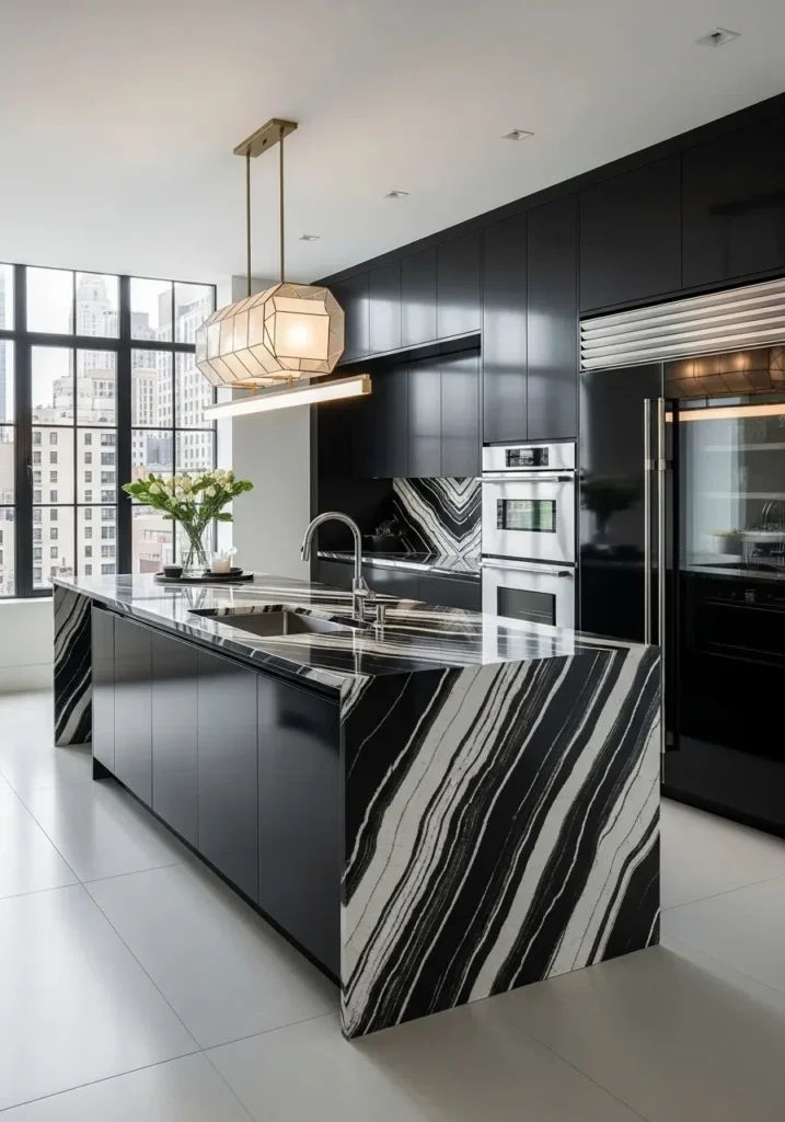 high contrast black white quartz countertops bold kitchen design