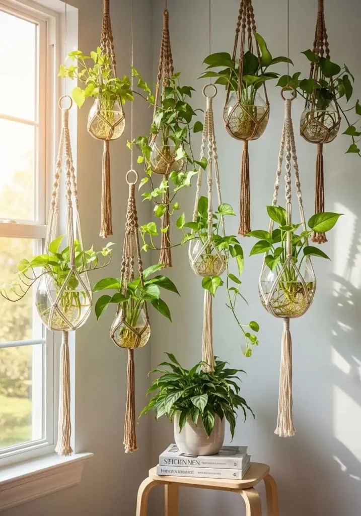 Hanging indoor water plants in glass holders for small space decor