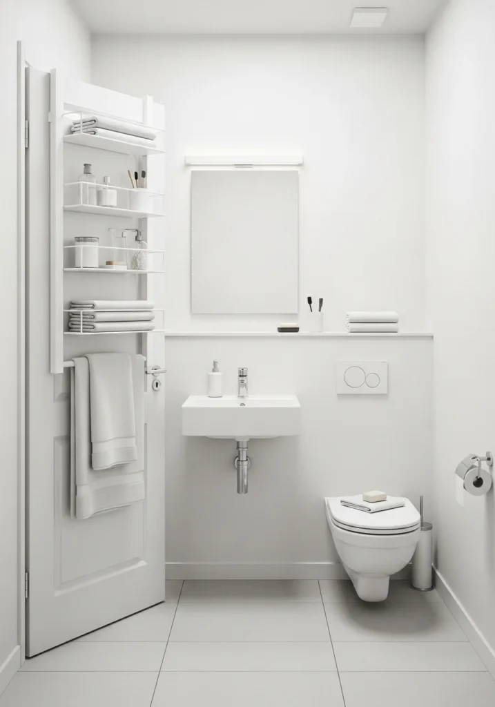 Over-door shelves storing towels and bathroom essentials in small space.