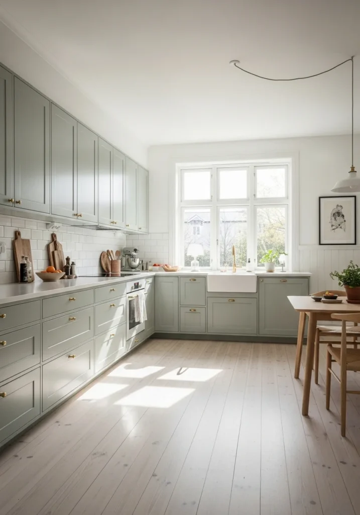 Soft sage green kitchen cabinets with light wood floors and airy natural lighting