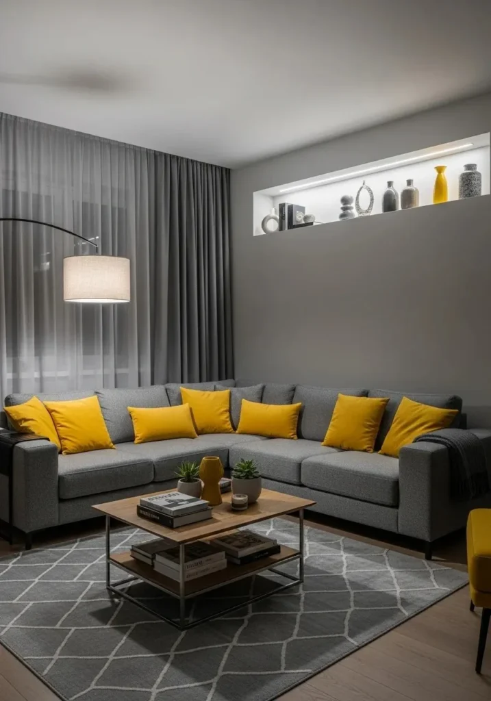 Mustard yellow and grey living room color combination for energetic look