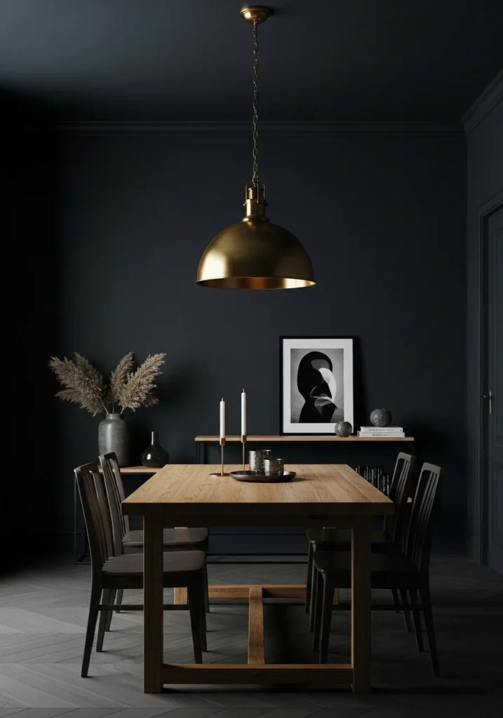 moody dining room with charcoal walls and warm wood furniture