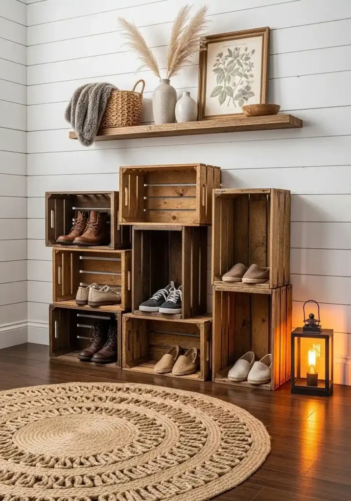 Wooden crate shoe rack stacked for rustic small space organization