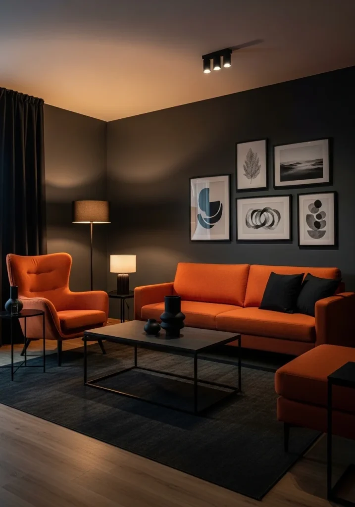 Burnt orange paired with dark accents for a bold modern living room look