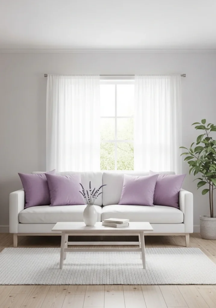 Lavender and white living room color combination for calm aesthetic