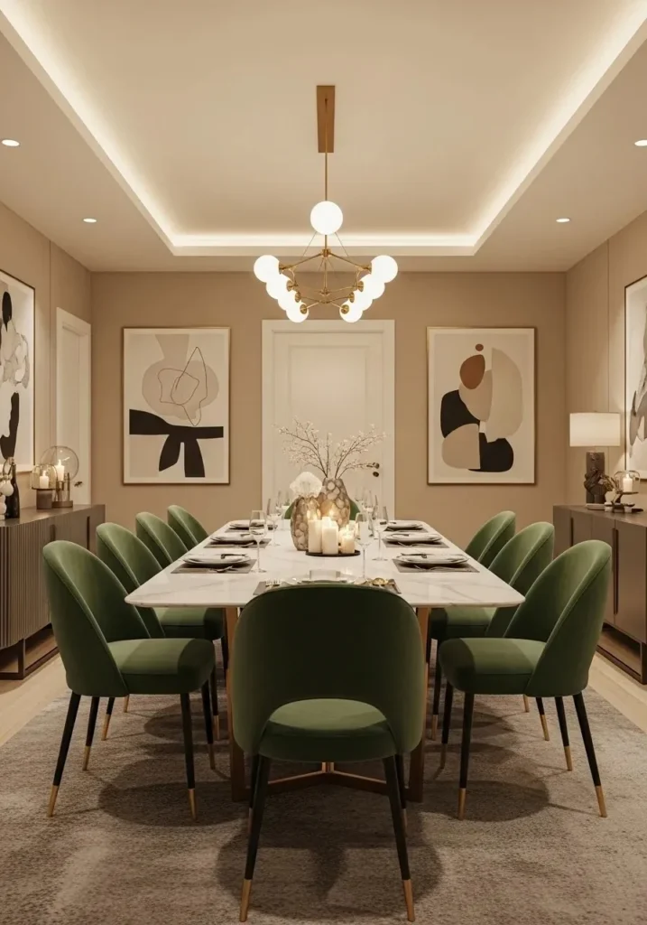 Dining room with green velvet chairs adding luxury and comfort to modern interior