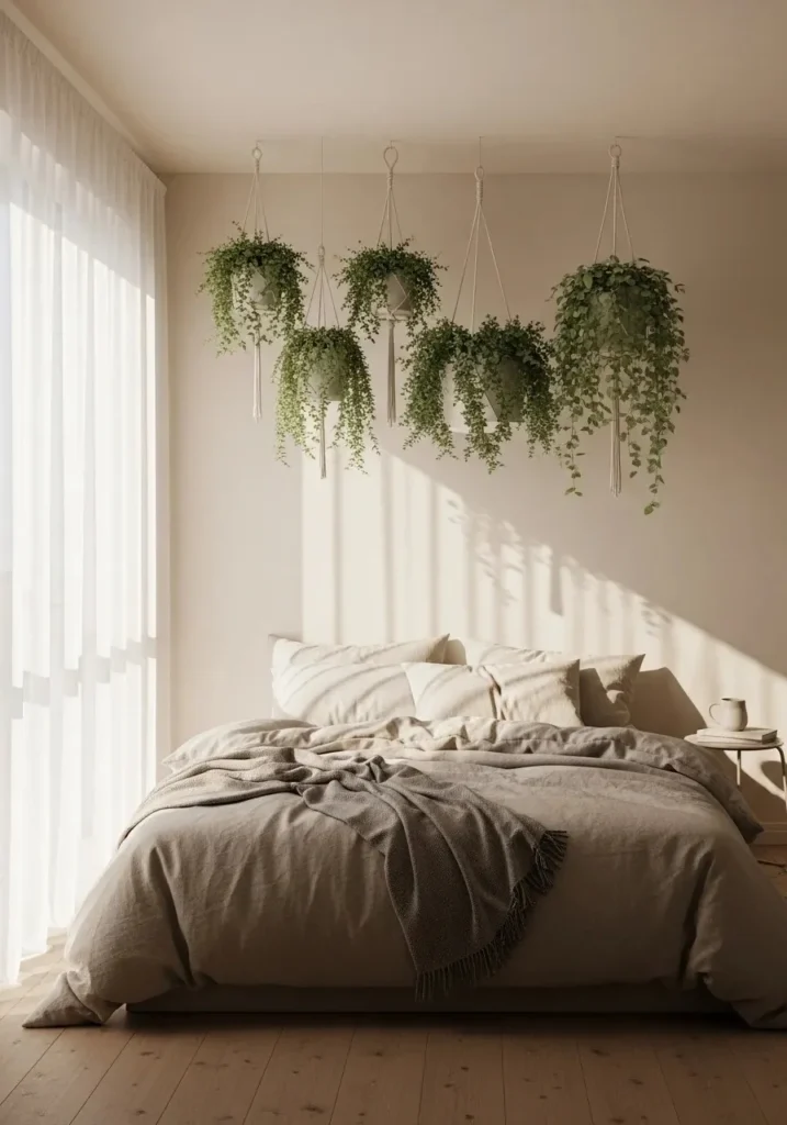 bedroom hanging plants above bed cozy decor idea