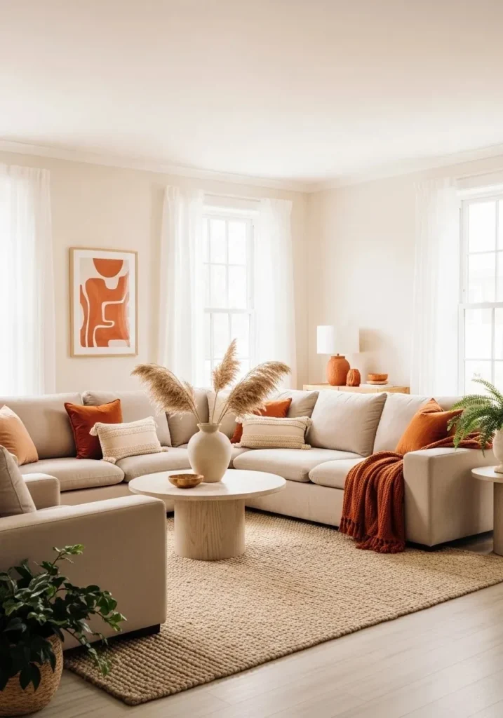 Neutral living room balanced with burnt orange accents for timeless style
