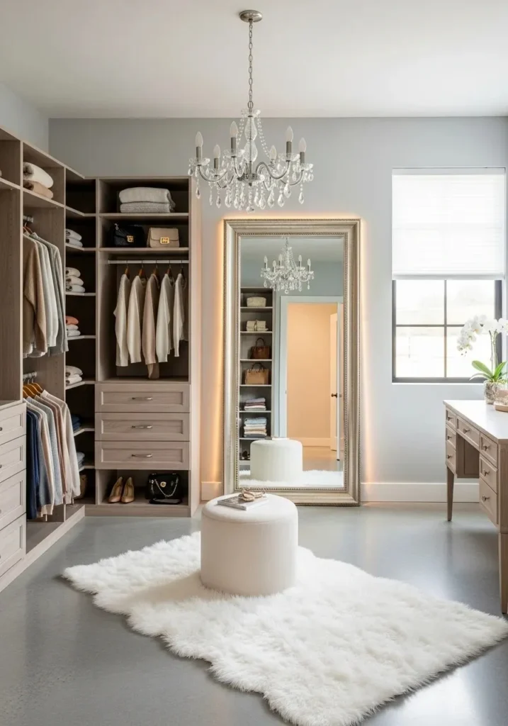 Full-length mirror in closet making space feel bigger and brighter