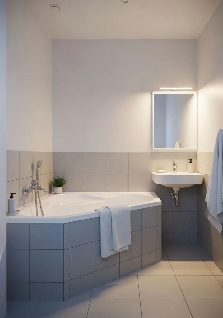 Space-saving corner tub design maximizing small bathroom layout efficiently