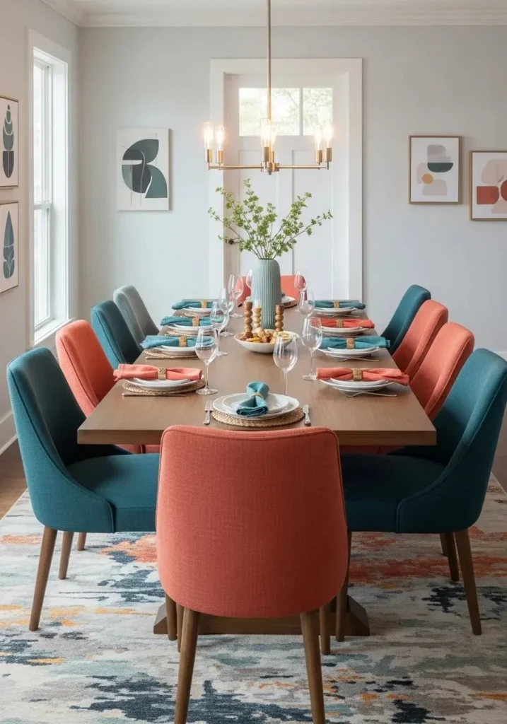 Colorful upholstered dining chairs adding comfort and vibrant style