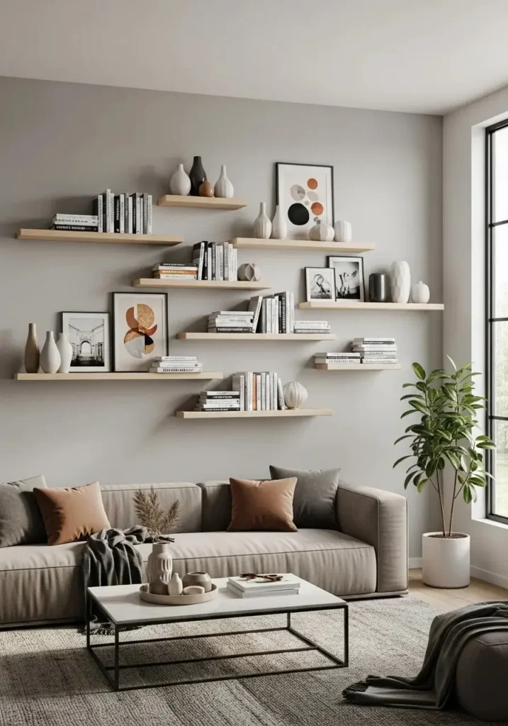 Asymmetrical wall shelves creating dynamic and artistic focal points in living room décor.