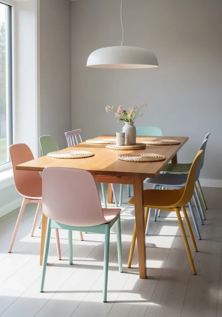 Colorful mismatched dining chairs adding a playful and vibrant touch to a neutral dining space