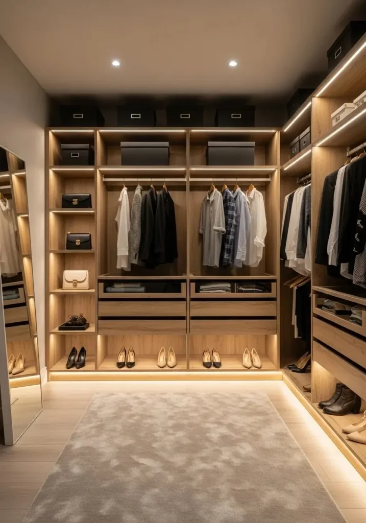 Closet with warm LED lighting creating a cozy and luxurious atmosphere