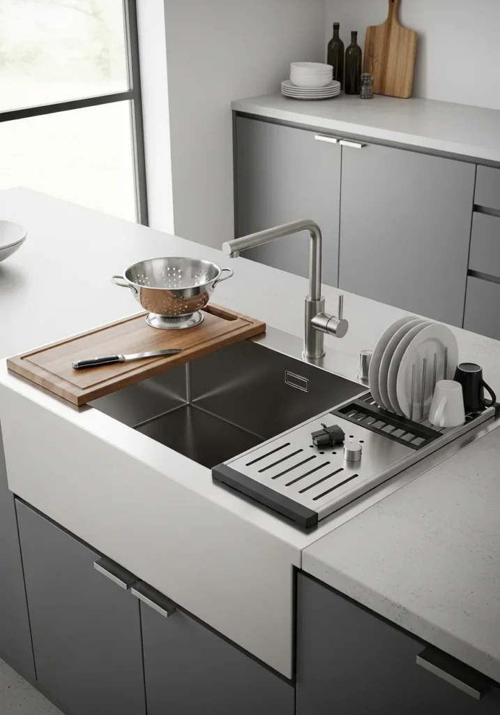Workstation kitchen sink with built-in accessories for efficient cooking