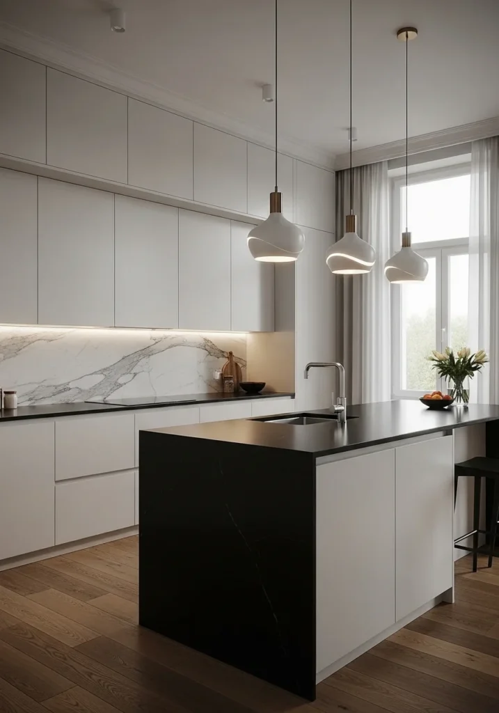 Black countertops with marble backsplash adding elegance to kitchen