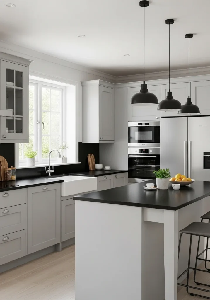 Black countertops with light grey cabinets for soft contrast kitchen