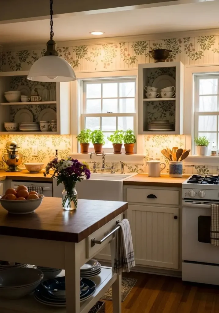 Beadboard backsplash with stencil pattern adding decorative detail