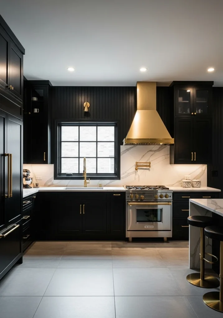 Black beadboard backsplash creating a bold modern kitchen statement