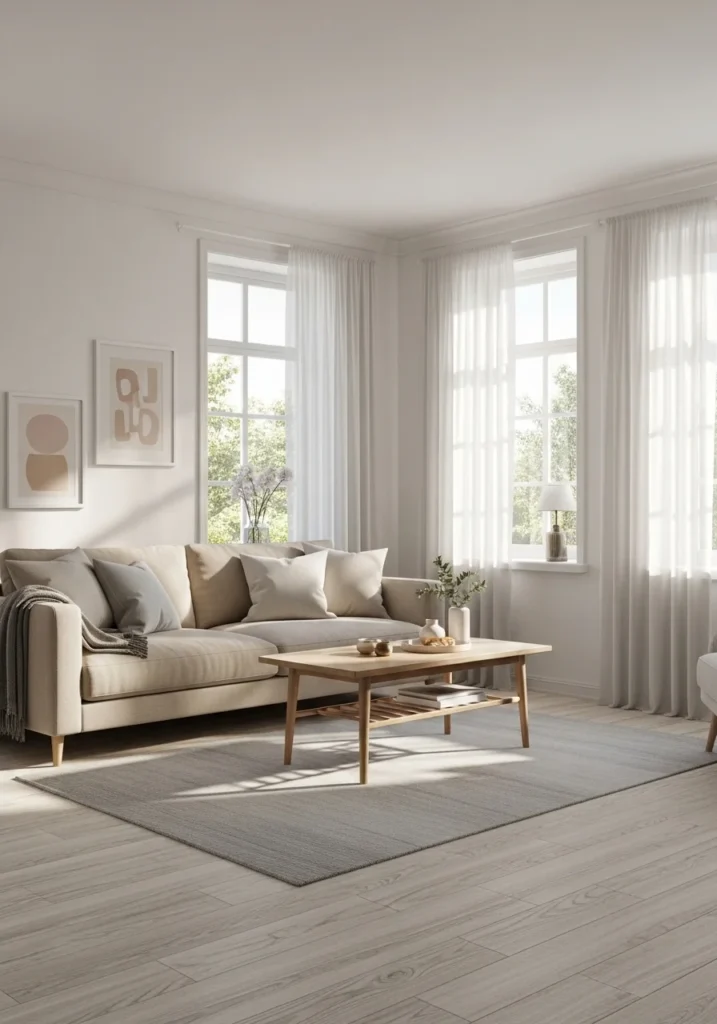 Beige and white living room color combination creating a soft airy space