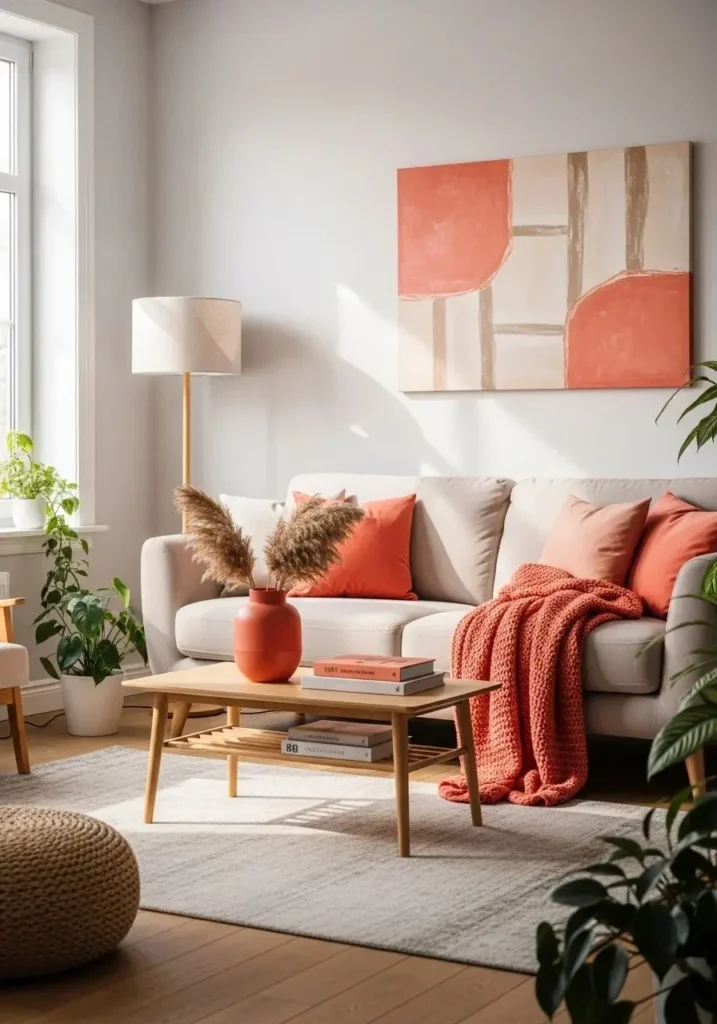Coral and beige living room color combination for warm energy